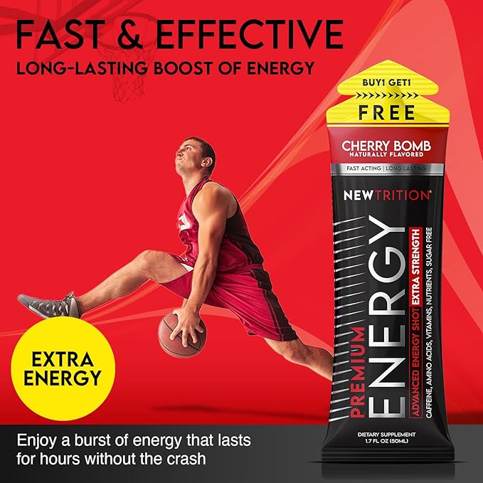 NewTrition® Extra Strength Energy Shots, 250mg Caffeine Energy Shots with Vitamin B & Amino Acids, Sugar-Free Vitamin Energy Shot, 1.7 fl oz (Pack of 24, Cherry Bomb)