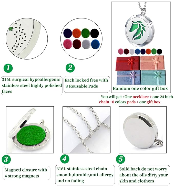 Essential Oil Diffuser Necklace Aromatherapy Jewelry Stainless Steel Horse Animal Locket Pendant with 24 inch Chain 8 Pads Birthday Christmas Jewelry Gift for Women Men