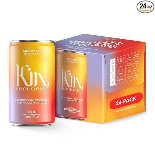 Kin Euphorics Kin Spritz Non-Alcoholic Functional Beverage | Invigorating Booster | Adaptogen & Nootropic Drink | Rhodiola Rosea, 5-HTP, GABA | Ready to Drink | 8 Fl Oz (24pk)