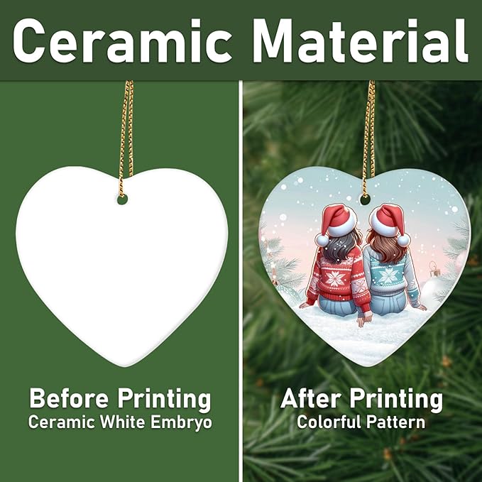34HD Gifts for Christmas, Sisters Christmas Ornament Heart-Shaped Ceramic 2-Side Printed, Gifts for Best Friends, Besties, Sisters, Christmas Decorations