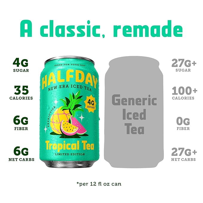 HALFDAY Prebiotic Iced Tea, Tropical Tea, Supports Digestive & Gut Health, Plant Fiber & Prebiotics, Low Sugar, 30 Calories, Natural Caffeine, Gluten Free, 12 fl oz (12 pack) Packaging May Vary
