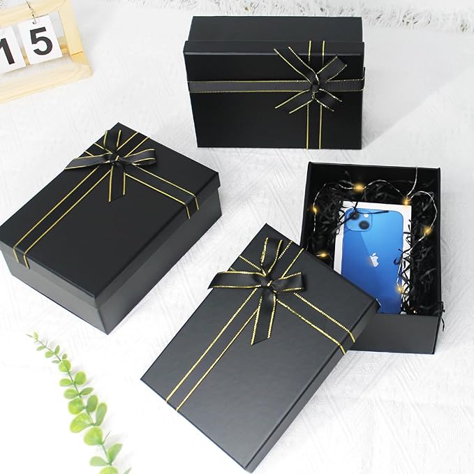 Eerbaier Gift Box with Lid for Present - 3 Pack Small Gift Boxes 8.6x6.3x3.5 Inches, Black Gift Box with Raffia Paper Fill and Greeting Card