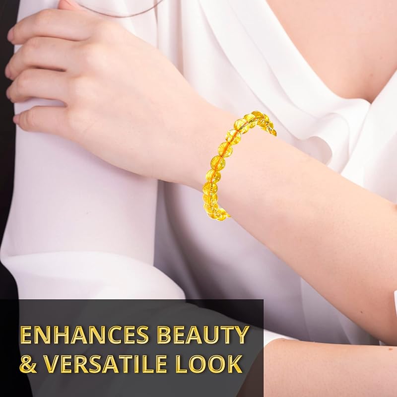 Citrine Bracelet, Natural Healing Crystal Bracelet for Women and Men, 8mm Round Beaded Bracelet for Spiritual, Protection, Positive Energy, Elastic Adjustable Size Gemstone Bead Bracelet