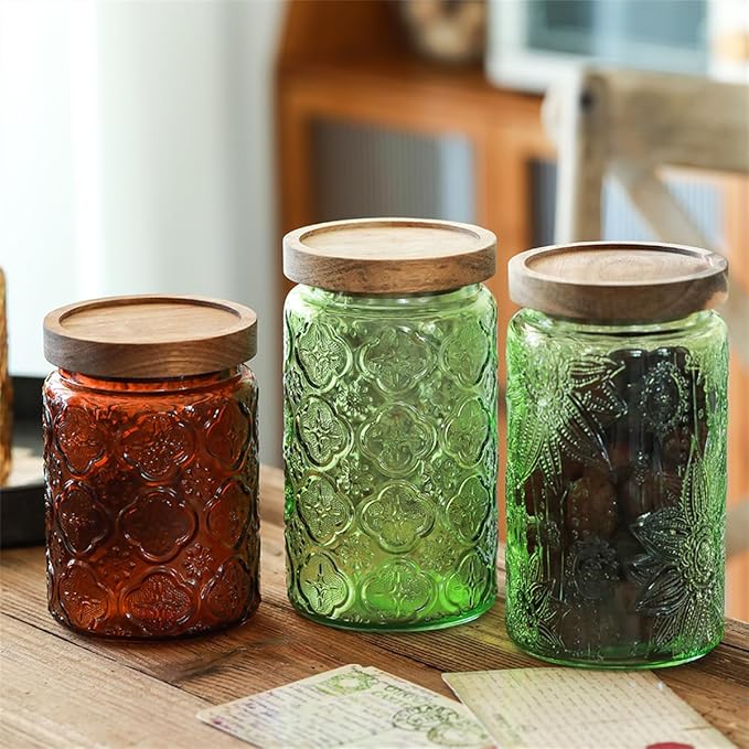 ANSQU Set of 4 Vintage Glass Mason Jars with Lids – 34 FL OZ Sunflower Design – Airtight Storage for Coffee, Tea, Cookies, Candy, Nuts – Kitchen & Pantry Organization (Blue & Green)