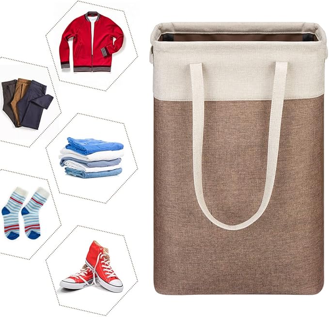 i BKGOO Laundry Basket with Handles Beige&Brown Slim Laundry Bin Collapsible Dirty Clothes Basket Narrow Laundry Bag Foldable Dirty Hamper for Camping, Dorms, Apartments