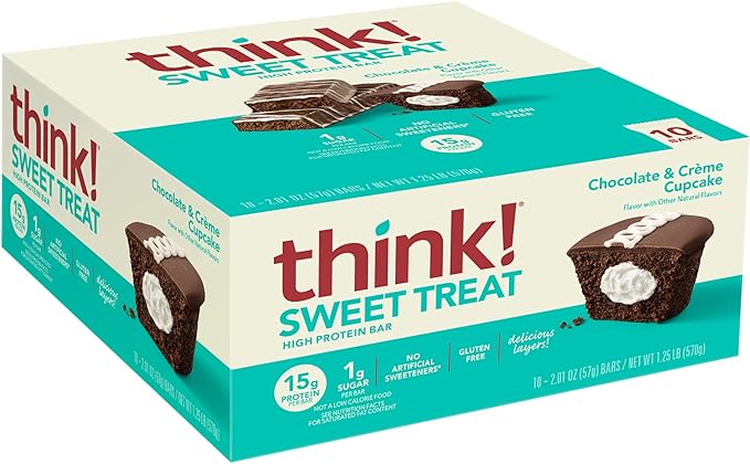 think! Protein Bars, High Protein Snacks, Gluten Free, Kosher Friendly, Sweet Treat, Chocolate & Creme Cupcake, 10 Count (Packaging May Vary)