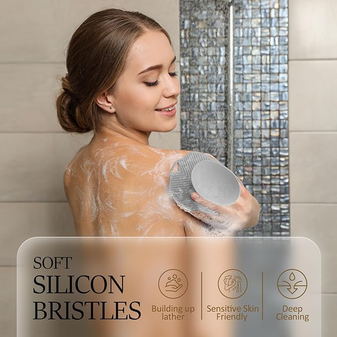 Soft Silicone Body Scrubber, Gentle Like a Hand Exfoliating Your Skin and Build Up Lather Easily, Back Large Suction Cup Easy to Store, Long-Lasting & Deep Clean (Gray)