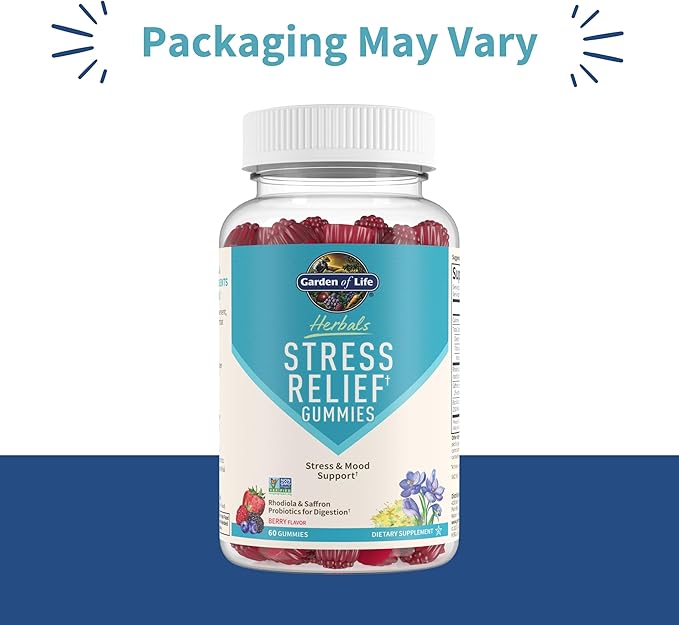 Garden of Life Herbals Stress Relief Gummy with Rhodiola & Saffron for Positive Mood & Stress Response Plus Prebiotics & Probiotics for Digestive Support – Non-GMO, Gluten-Free, Kosher, 30 Servings