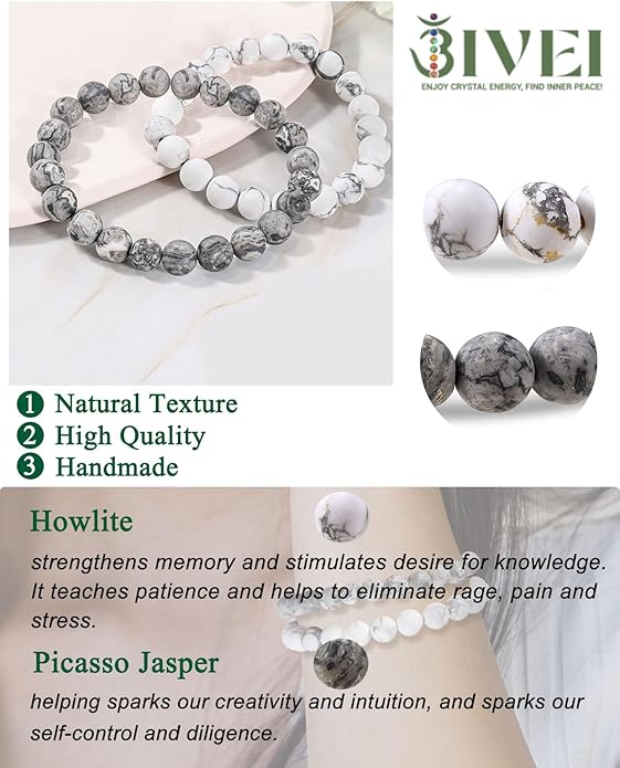 Bivei Natural Gemstone Semi Precious Healing Crystals Handmade Stretchy Round Beads Bracelet, Enhance Positive Energy