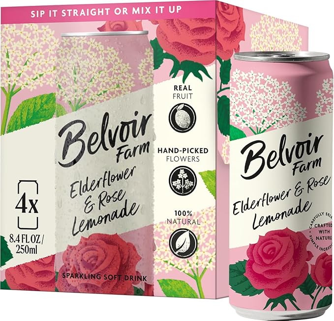 Belvoir Farm Elderflower & Rose Sparkling Lemonade | Delicious On It's Own Or As A Mixer | Product of UK | 4 Cans, 8.4 fl oz (250mL)