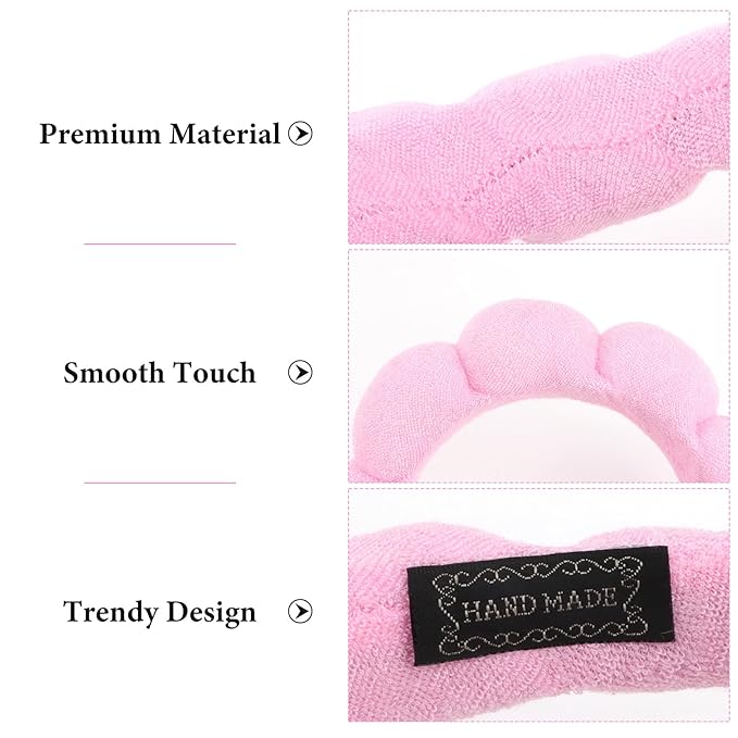 AMCAMI Puffy Spa Headband for Women 2 PCS Sponge Headbands for Girls Terry Towel Cloth Fabric Head Band for Skincare,Makeup Removal,Face Washing,Facial Mask,Shower,Hair Accessories（White&Light Pink）