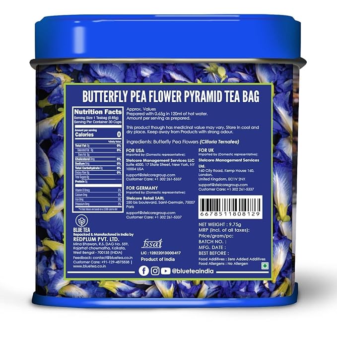 BLUE TEA - Butterfly Pea Flower Tea - 30 Count - Pyramid Plant Based Tea Bag | ANTIOXIDANT RICH | Caffeine Free - Detox Tea - Flower Based - Herbal Tea - Non-GMO | Tin Pack