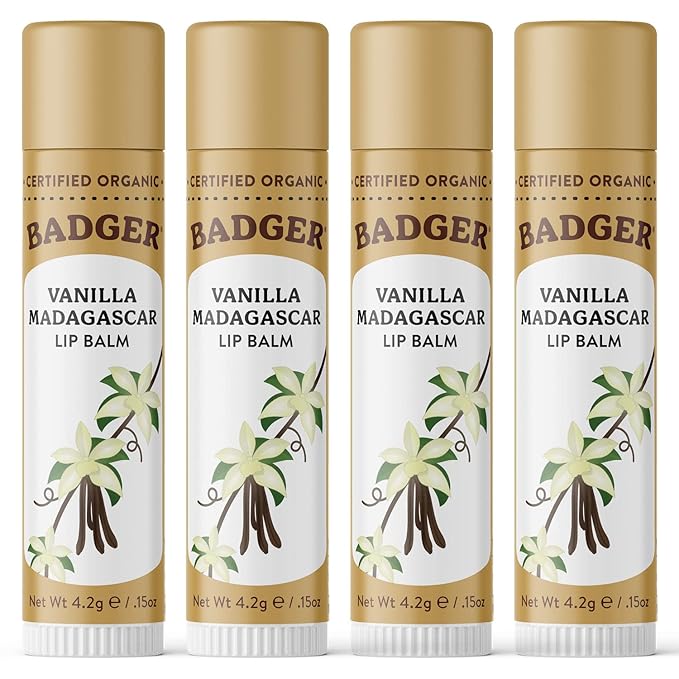 Badger Vanilla Madagascar Classic Lip Balm, 100% Organic Lip Balm, Long Lasting Lip Care w/Light Silky Texture, Comforting & Relaxing, 4 Pack