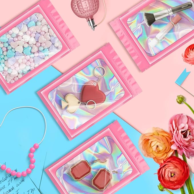 100 Pieces Smell Proof Mylar Resealable Bags, Holographic Packaging Bags, Resealable Odor Foil Pouch Zip Bag with Clear Window for Food Storage and Lipgloss, Jewelry Lash(Pink, 3.5 x 6.3 Inch)