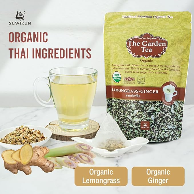 Suwirun Organic Lemongrass & Ginger Tea 25 Bags – Product of Thailand – Warming & Soothing Herbal Tea, Caffeine-Free, No Calories, Refreshing & Digestive Support