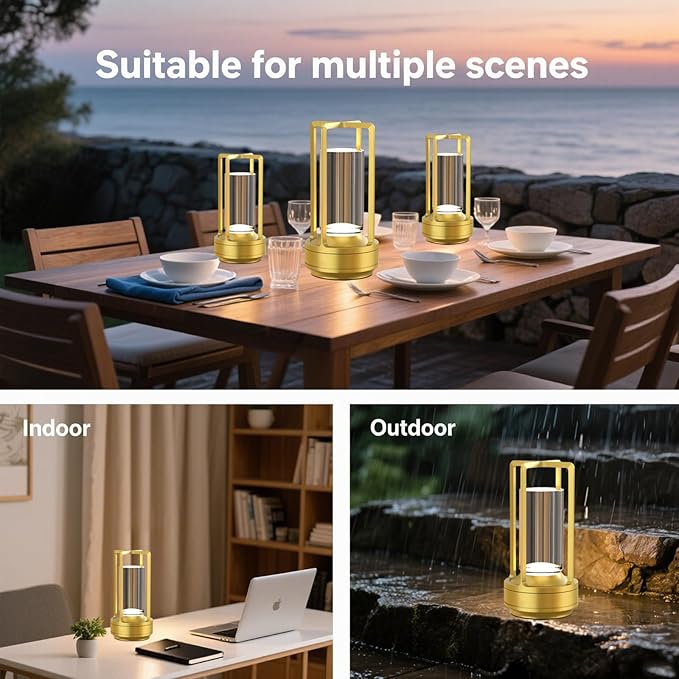 Crystal Lantern Lamp – 4000mAh Rechargeable Battery Operated Cordless Crystal Table Lamp with 3 Colors, Portable Desk Lamp for Indoor & Outdoor Patio, Camping, Restaurant (Gold, 2Pack)