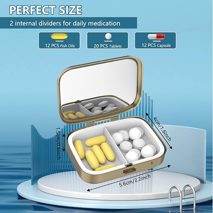 Hion Pill Case Pill Box with Mirror Retro Small Pill Case for Purse or Pocket Bronze Pill Box or Vitamins, Fish Oil, Supplements, Pill Containe Travel Gifts (2PCS)