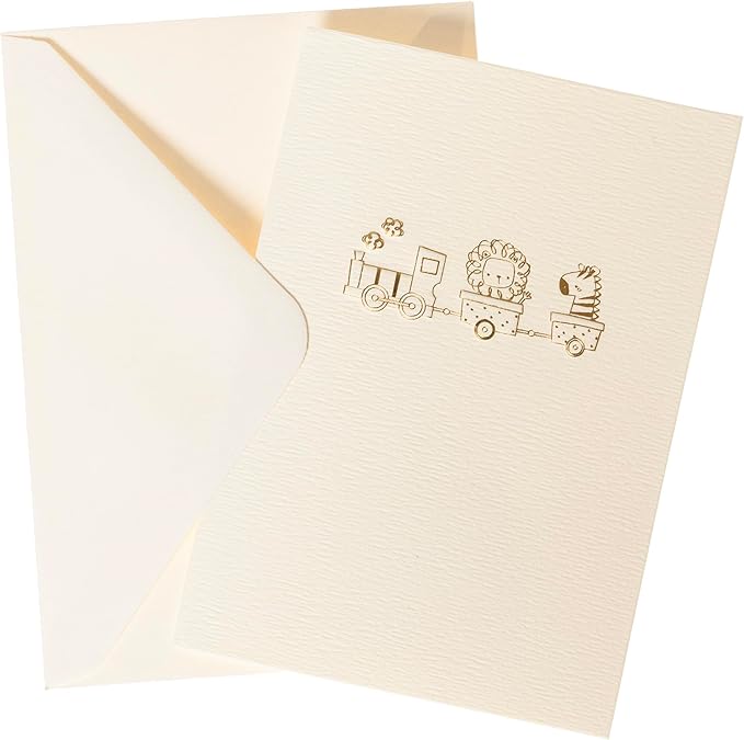 Graphique Baby Train Cards, Pack of 10 Cards with Envelopes, Newborn Greeting, Congratulations to New Parents, Blank Inside, Gold Foil Embossing, La Petite Press Collection Boxed Set, 3.25" x 4.75"
