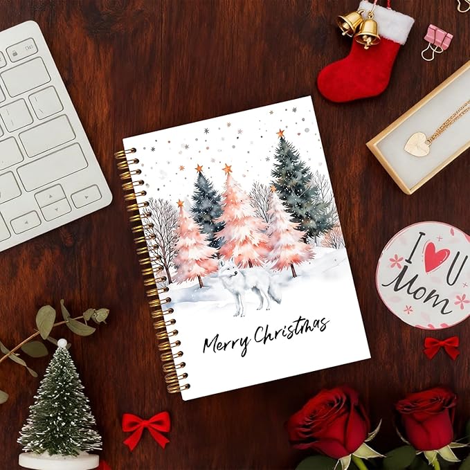 Exqcom Christmas Tree Arctic Fox Spiral Notebook Gifts, Winter Christmas Journal for Women, Snowy Forest Animals Xmas Hardcover Notebook Journal Office School Supplies, 5.5x8.3 Inch