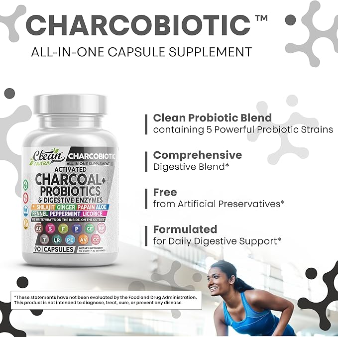 Clean Nutra Activated Charcoal Pills + Shilajit Probiotic Digestive Enzymes for Digestive Health Capsules with Peppermint Fennel Licorice Papain Ginger Turmeric Powder | Gut Health