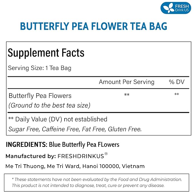 FRESHDRINKUS Premium 55 Butterfly Pea Flowers Tea Bags,100% Pure, Organic, Non GMO, Made With Organic Bags, Sugar/ Caffeine/ Gluten Free, Wildcrafted, Vegan, Handmade Product