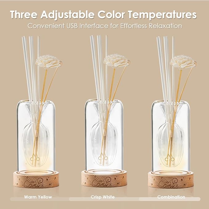 Empty Fragrance Glass Reed Diffuser Bottles with 5pcs Reed Diffuser Sticks,Luminous Base,Decorative Flower Bud Fragrance Accessories Use for DIY Replacement Reed Diffuser Sets,Elliptical