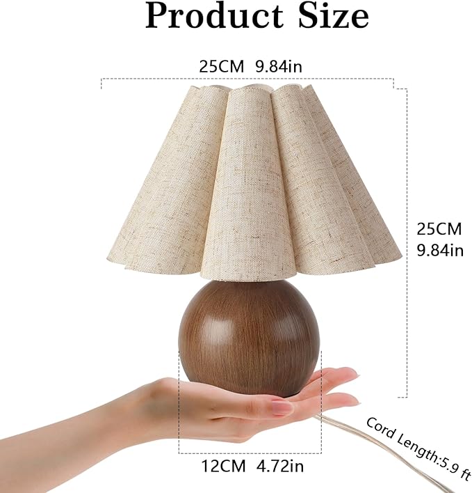 Farmhouse Cute Small Table Lamp, Wood Grain Vintage Table Lamps for Bedroom Nightstand, Cute Mini Bedside Small Table Lamps for Small Spaces with Scalloped Shade for Kitchen Counter, Bookshelf