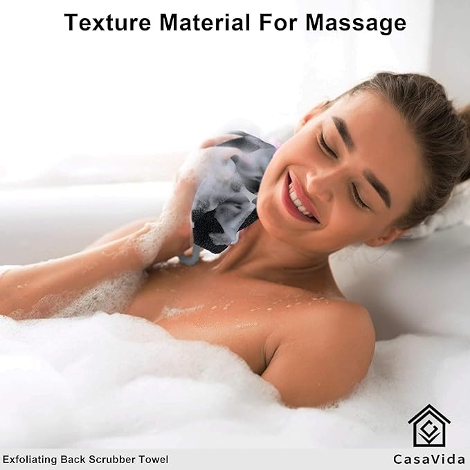 CASAVIDA Back Scrubber for Shower Nylon Bath Towel Washer Exfoliating Washcloth Rear Japanese Stretchable Strap Wash Cloth Body Exfoliation 2 Pack (Jean Blue + Wine Red)