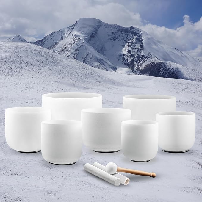 KRESEC 432Hz 6-12 Inch Crystal Singing Bowls Set of 7 – Chakra Tuned Quartz Sound Bowls for Meditation, Yoga, Reiki & Healing with Padded Cases, Suede Mallets & Silicone O-Rings