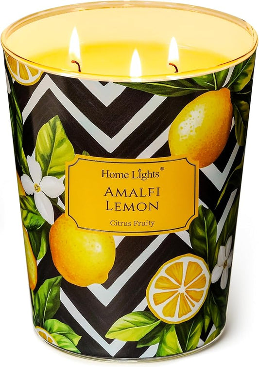 HomeLights Large jar Candle | 3-Wick Long-Lasting Scented Candles, 34oz Natural Soy Wax Candle for Home Scented, Eclectic Mixed Styles Gifts for Women & Men, Amalfi Lemon