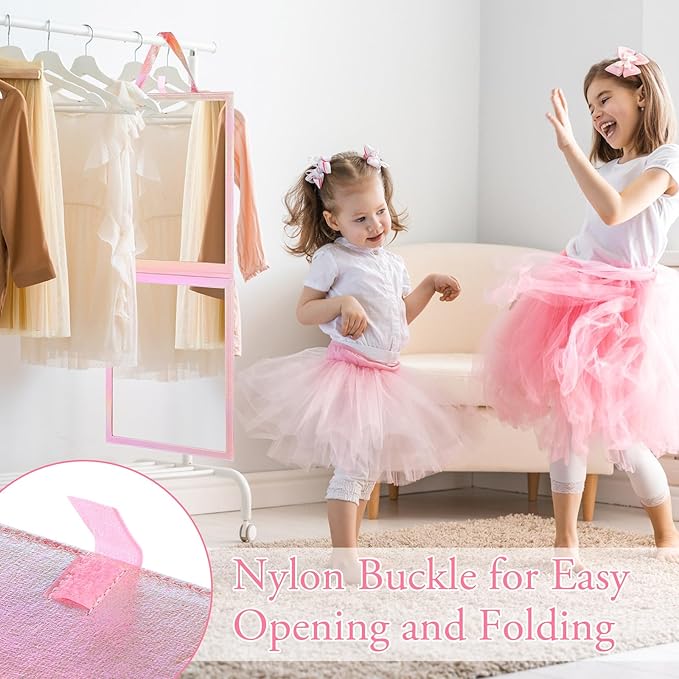 Chunful Foldable Backstage Mirror with Handle Holographic 33.5 X 13.4 Inch Folding Hanging Mirror Rectangular for Travel Dance Bag Home Fitness Spa Gift for Dancers(Pink)