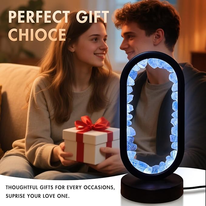 Crystal Night Light,3 Colors Ambient Lighting USB Dimming Healing Crystal Table Lamp,Natural Energy Crystal Decor for Bedroom Home Dating Gift (Blue, Ellipse)