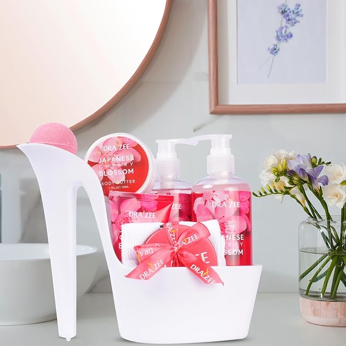 Luxury Spa Gifts for Women – 8 Pc Cherry Blossom Scented Bath and Body Set with Bubble Bath, Lotion & More – Luxury Self Care Kit for Wife, Mom, Girlfriend, Birthday Gifts for Women by Draizee