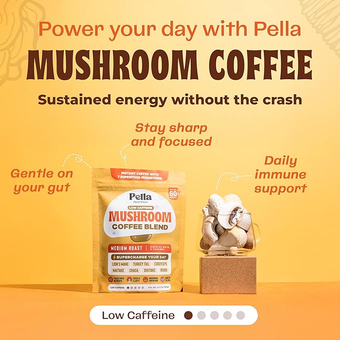 Low-Caffeine Mushroom Coffee (60 Servings) with 7 Superfood Mushrooms, Great Tasting Instant Coffee, Includes Lion's Mane, Reishi, Chaga, Cordyceps, Shiitake, Maitake, and Turkey Tail