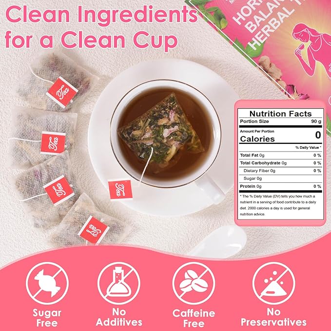 Hormone Balance Herbal Tea for Women – with Peppermint, Lemongrass, Ginger, Rose, Raspberry Leaf & Nettle for PMS & PCOS – Female Hormone Loose Leaf Tea, Caffeine-Free, Sugar-Free 30 Bags