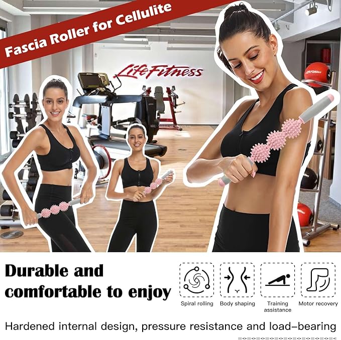 Fascia Muscle Roller, Cellulite Massager for Sore Muscles, Neck, Leg, Back - Pressure Trigger Point Body Deep Tissue Massage Stick Tools With 3 Massage Balls | Pink