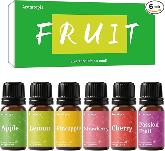 Fruit Fragrance Oils, Aromtopia 6x10ml Fruity Fragrance Oil for Candle Soap Making, Premium Home Essential Diffuser Oil Scents, Strawberry, Pineapple, Lemon, Cherry, Passion Fruit, Apple