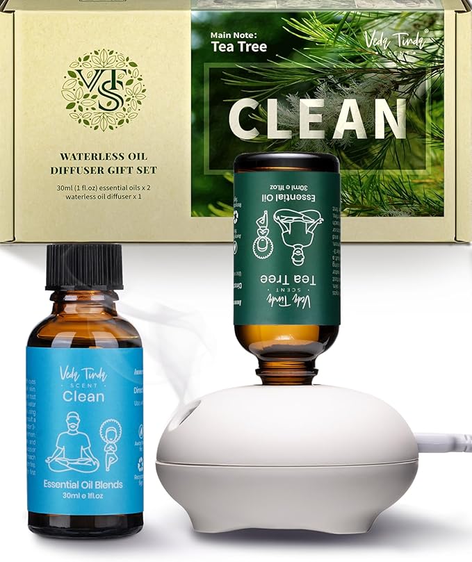 VTS Waterless Diffuser with Essential Oils Set, Tea Tree Scent Aromatherapy Gift Set for Home (1 Fl Oz Tea Tree Oil & 1 Fl Oz Clean Blend & Waterless Diffuser)