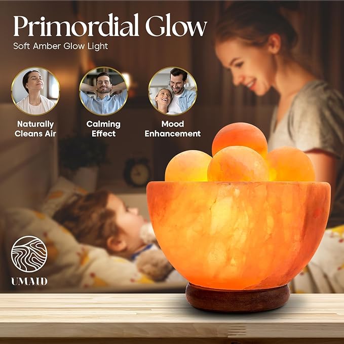 UMAID Himalayan Salt Lamp Bowl with 6 Massage Balls – Dimmable Natural Pink Rock Salt Lamp for Relaxation, Meditation,Yoga, Spa, Office, Bedroom, Wellness, Home Decor, and Unique Gift