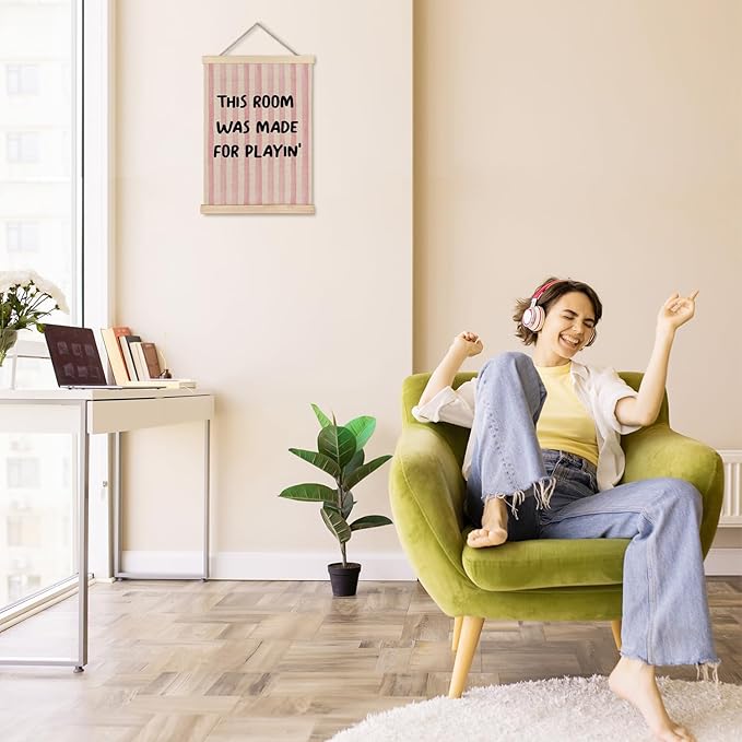 Exqcom Kids Playroom Wall Decor, Play Room Wall Art Poster, This Room Was Made for Playin Preppy Pink Striped Posters for Kids Girls Nursery Toddler Room Bedroom Playroom, 12x16 Inches