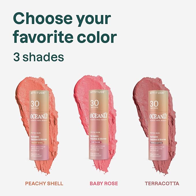 ATTITUDE Oceanly Tinted Lip Balm with SPF 30, EWG Verified, Plastic-Free, Broad Spectrum UVA/UVB Protection with Zinc Oxide, Vegan, Unscented, Baby Rose, 0.3 Ounce