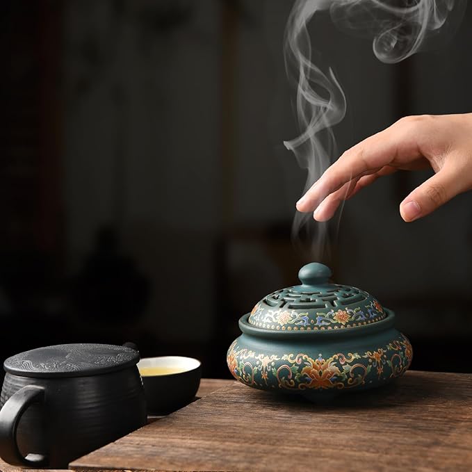 Ceramic Incense Burner with Incense Holder+ Fireproof Cotton,Handmade Smudging Burn Bowl for Stick or Coil Incense,Sage Cones,Frankincense and Mosquito Incense (Enamel)