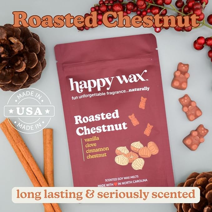 Happy Wax Fireside Treats Mix Scented Natural, Non Toxic Soy Wax Melts - 6 Total Oz. of Holiday Scented Wax Melts - Collection Includes: Peppermint Bark, Roasted Chestnut and Salted Caramel