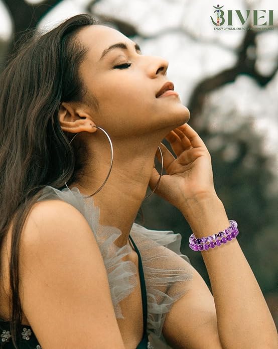 Bivei Natural Gemstone Semi Precious Healing Crystals Handmade Stretchy Round Beads Bracelet, Enhance Positive Energy