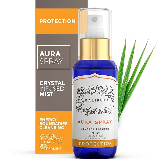 BALIPURA - Protection Crystal Aura Spray - Lavender and Lemongrass Essential Oil Blend, Black Tourmaline, Smoky Quartz and Citrine - 3.4 fl.oz