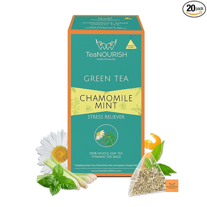 TeaNOURISH Chamomile Mint Green Tea | 20 Count Pyramid Tea Bags | Darjeeling Whole Leaf Tea Blend | Natural Sleep Tea with Calming & Relaxing Properties