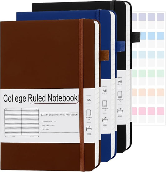 A5 Lined Journal Notebooks for Work, 192 Pages, Medium 5.7 x 8.3inch, College Ruled, Vegan Leather Hardcover Journals for Women Men,3 Pack