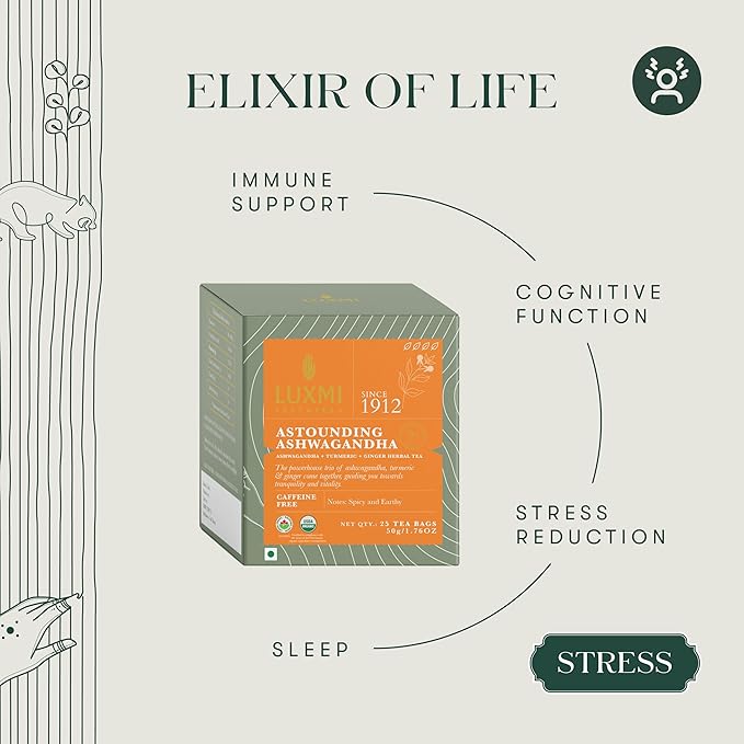 Luxmi Estates Astounding Ashwagandha Organic Ashwagandha Tea (25 Tea Bags) Caffeine Free Tea Bags For Sleep, Relaxing, Calming, and Stress Relief, With Certified Organic Herbal Tea