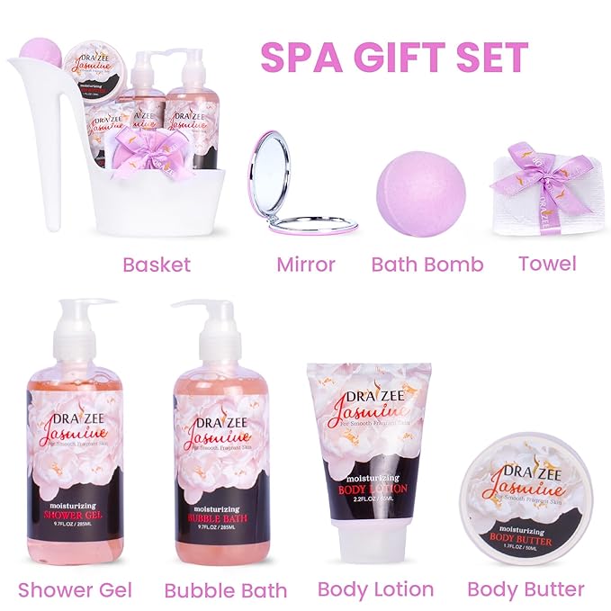 Luxury Spa Gifts for Women – 8 Pc Jasmine Scented Bath and Body Set with Bubble Bath, Lotion & More – Luxury Self Care Kit for Wife, Mom, Girlfriend, Birthday Gifts for Women by Draizee