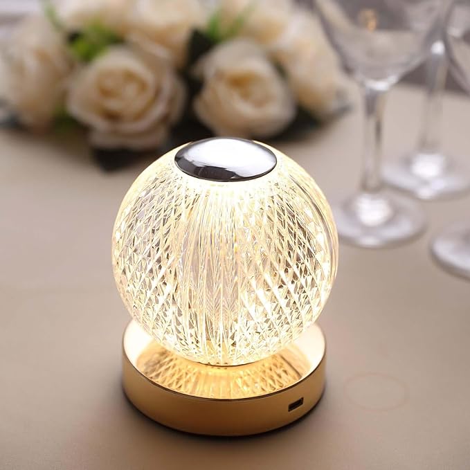 Efavormart 5" Diamond Cut Crystal Ball Dimmable LED Table Lamp with Touch Control, Cordless Rechargeable Decorative Night Light